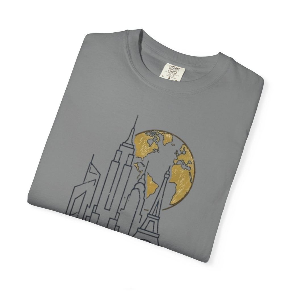 Global Architectural Review T-Shirt — City Skyline & Globe Graphic
