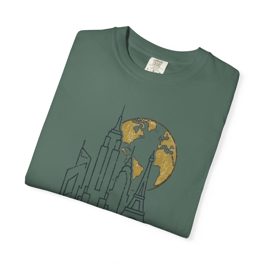 Global Architectural Review T-Shirt — City Skyline & Globe Graphic