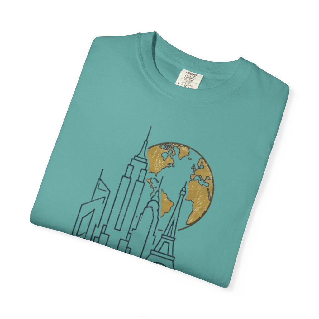 Global Architectural Review T-Shirt — City Skyline & Globe Graphic