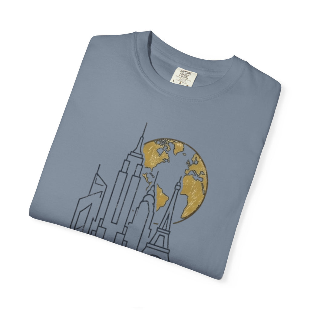 Global Architectural Review T-Shirt — City Skyline & Globe Graphic