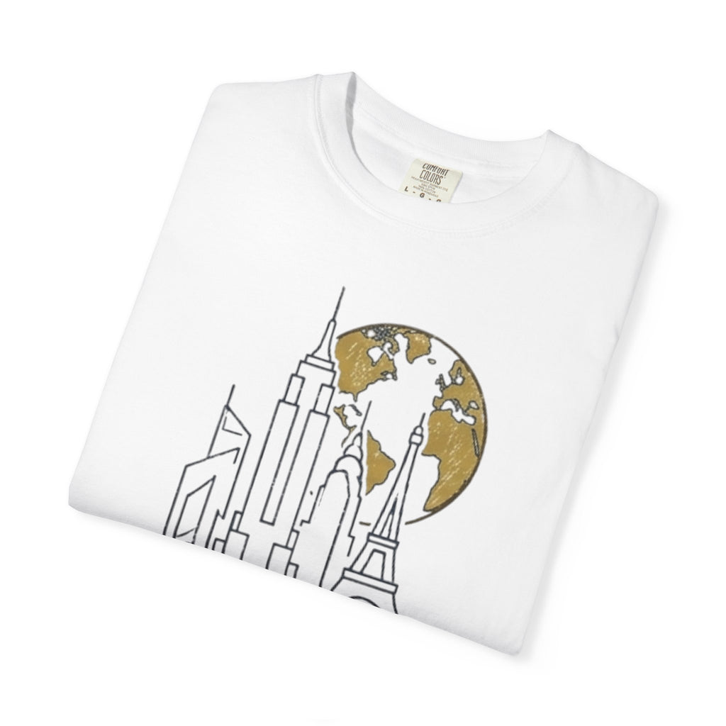 Global Architectural Review T-Shirt — City Skyline & Globe Graphic