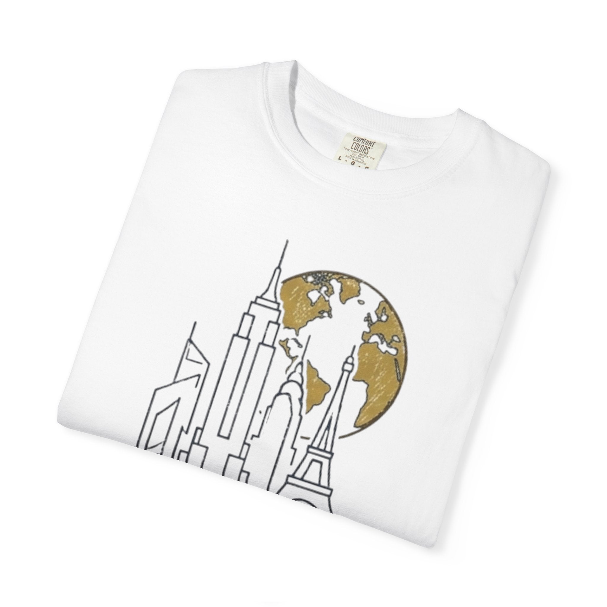 Global Architectural Review T-Shirt — City Skyline & Globe Graphic