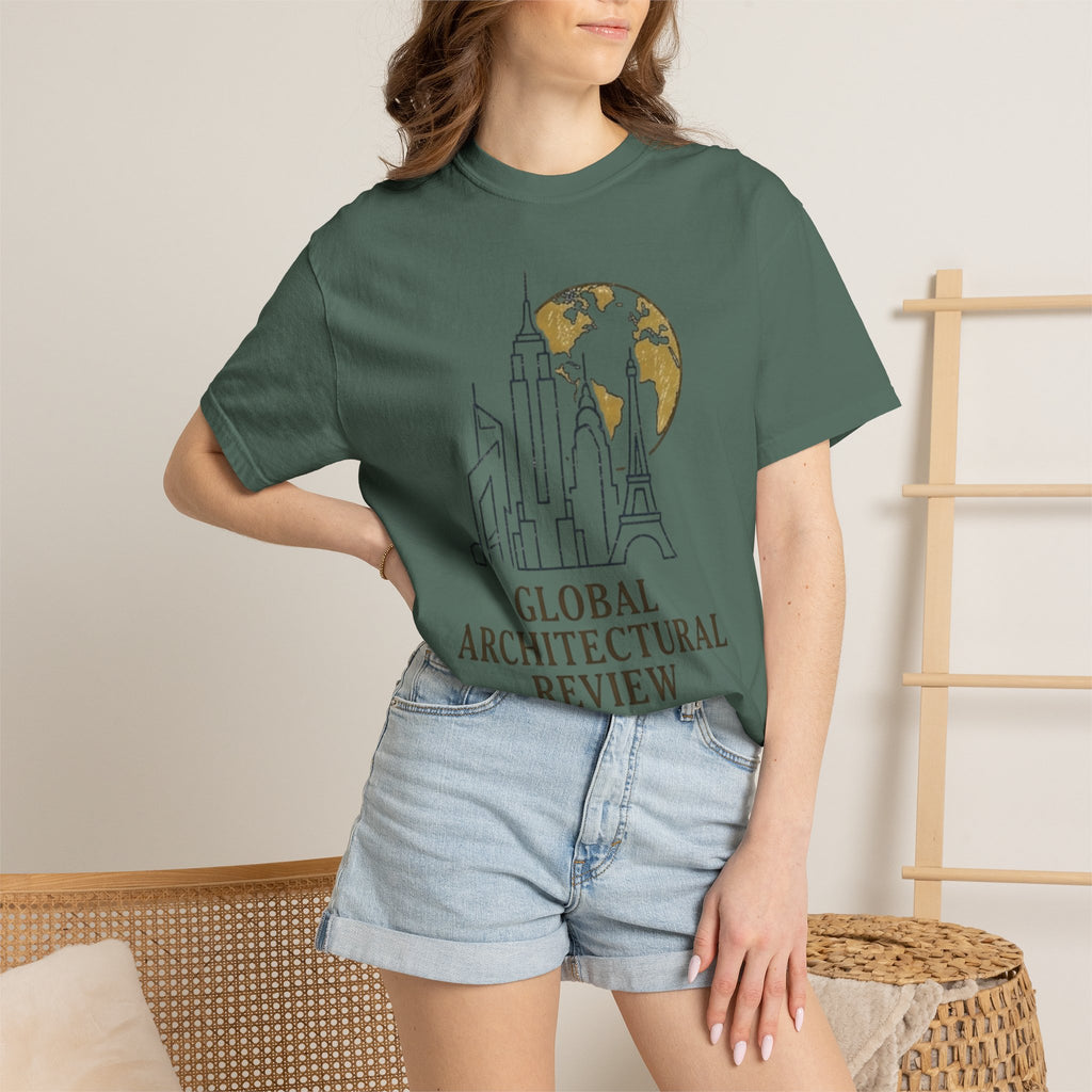 Global Architectural Review T-Shirt — City Skyline & Globe Graphic