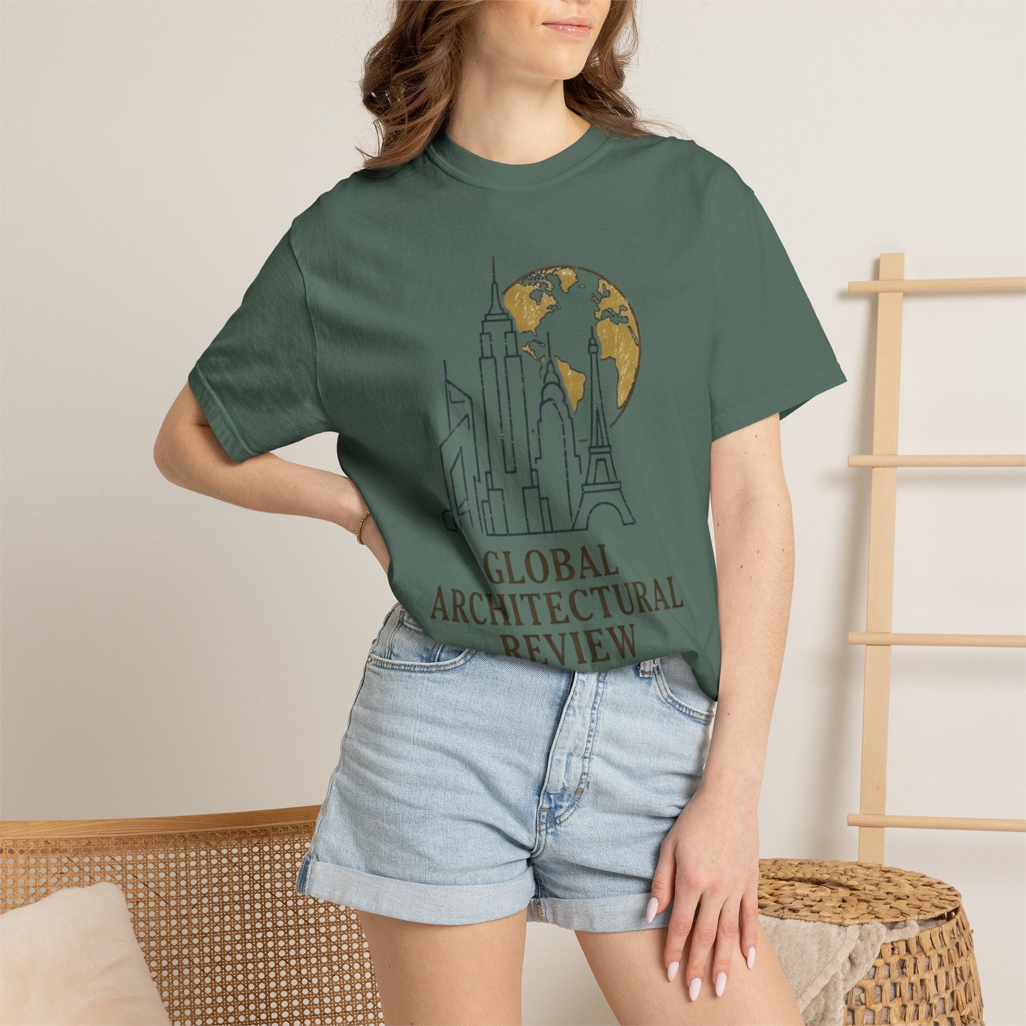 Global Architectural Review T-Shirt — City Skyline & Globe Graphic