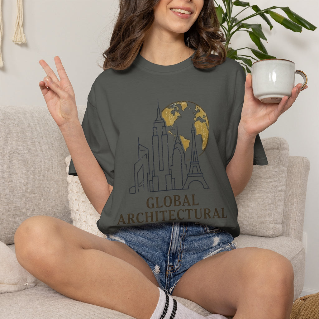 Global Architectural Review T-Shirt — City Skyline & Globe Graphic