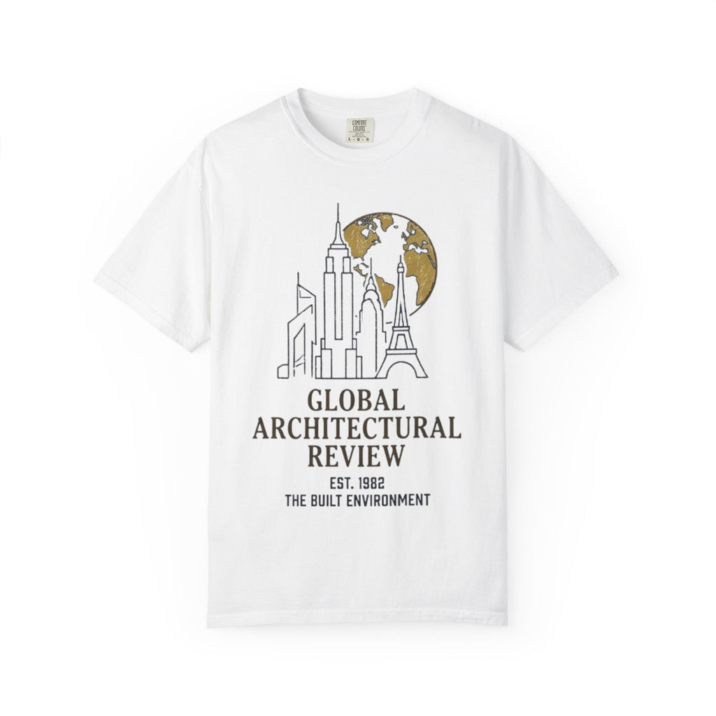Global Architectural Review T-Shirt — City Skyline & Globe Graphic