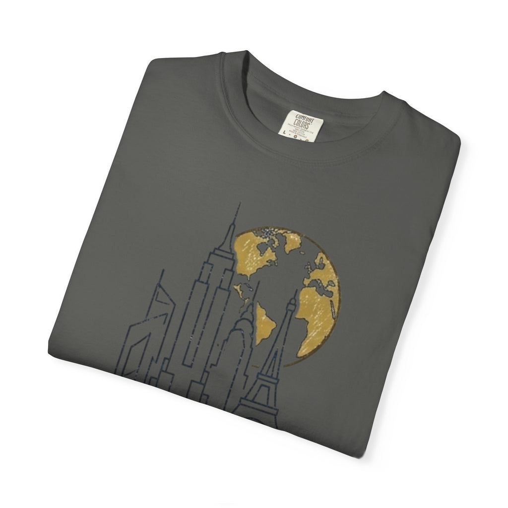 Global Architectural Review T-Shirt — City Skyline & Globe Graphic