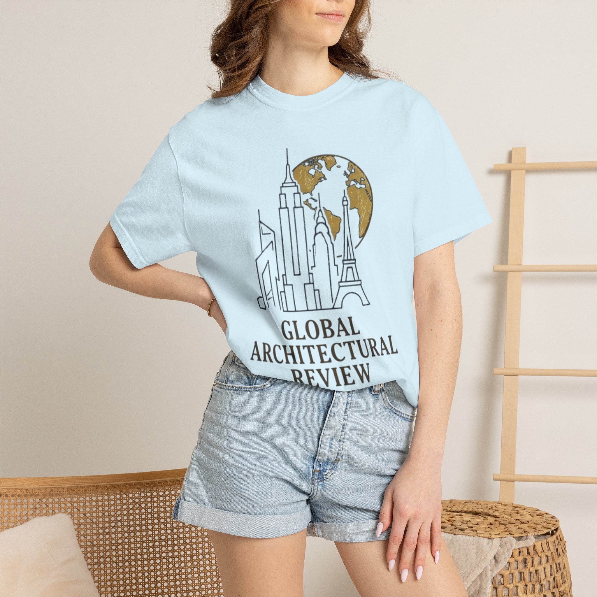 Global Architectural Review T-Shirt — City Skyline & Globe Graphic