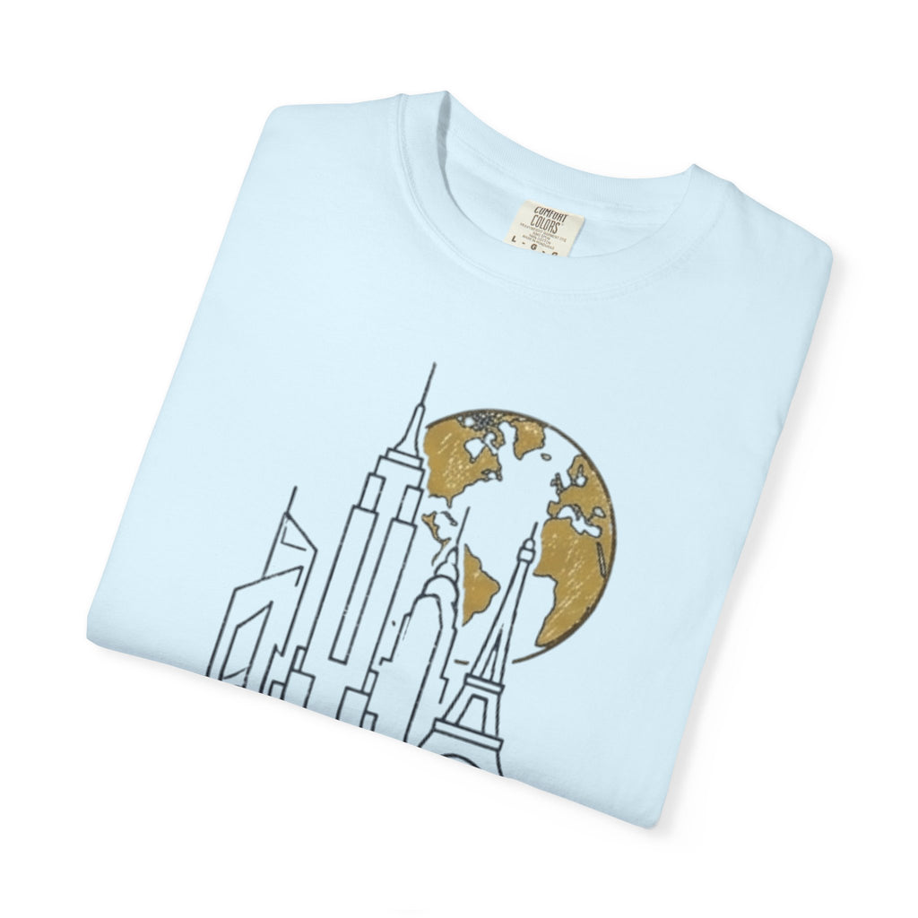 Global Architectural Review T-Shirt — City Skyline & Globe Graphic
