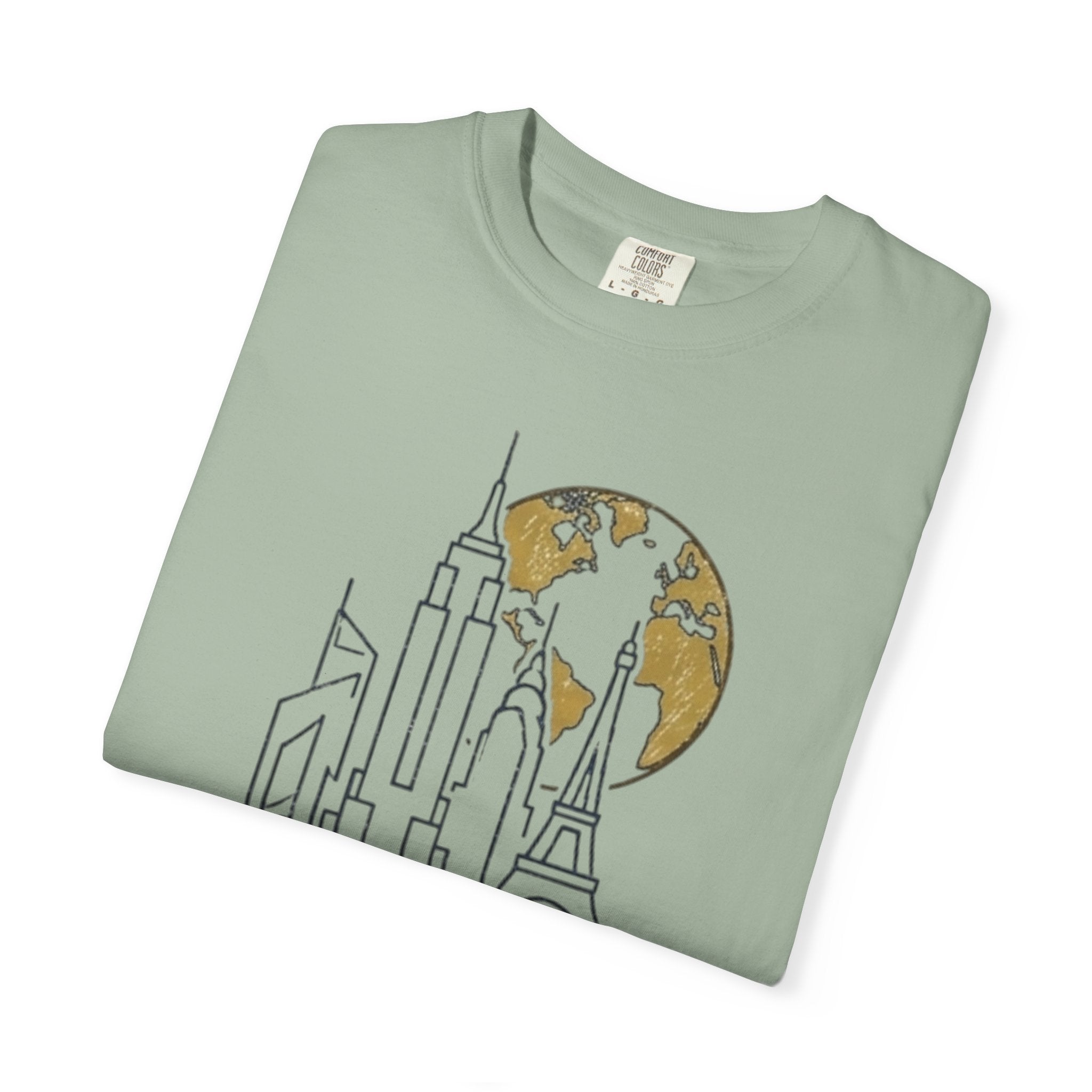 Global Architectural Review T-Shirt — City Skyline & Globe Graphic