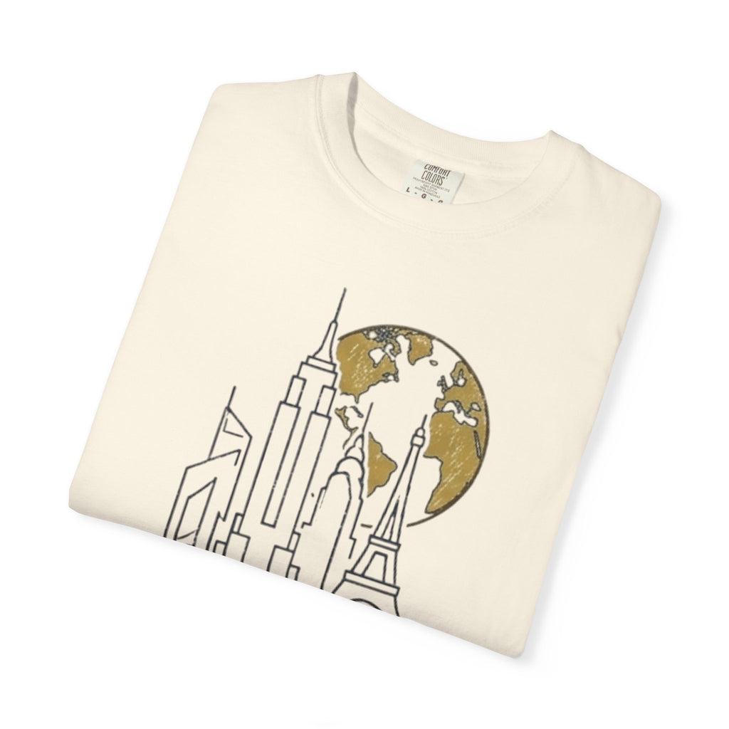 Global Architectural Review T-Shirt — City Skyline & Globe Graphic