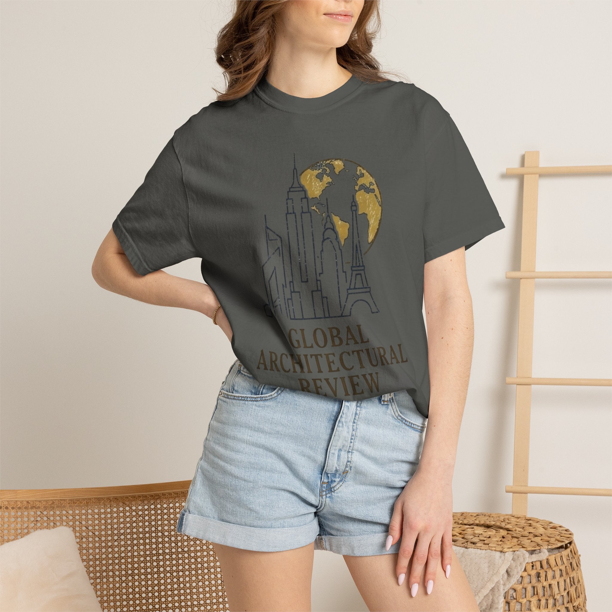 Global Architectural Review T-Shirt — City Skyline & Globe Graphic