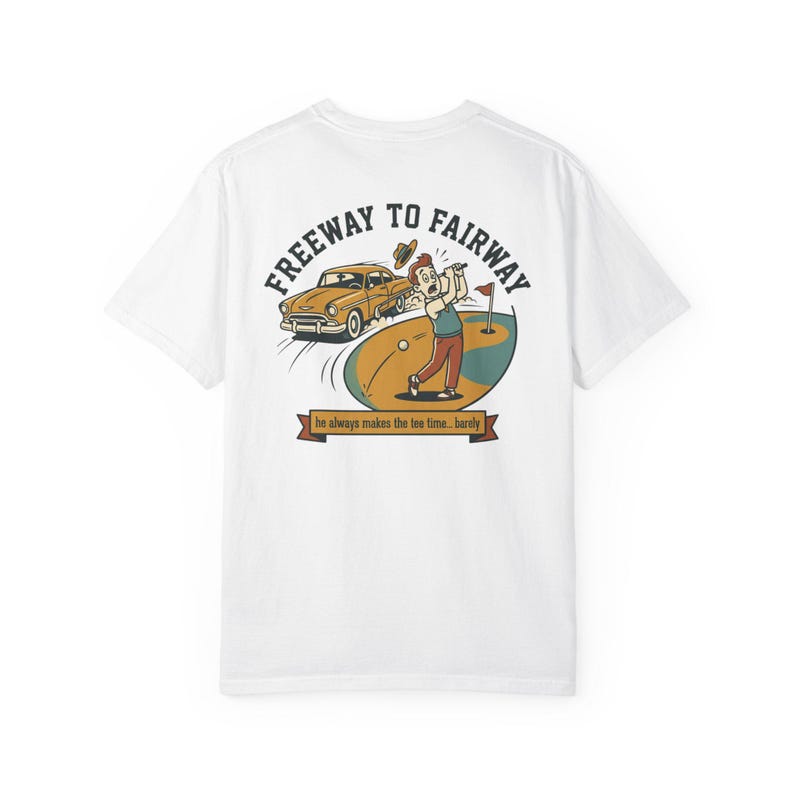 Freeway to Fairway Golf Graphic T-shirt | Vintage Car Golfer Design